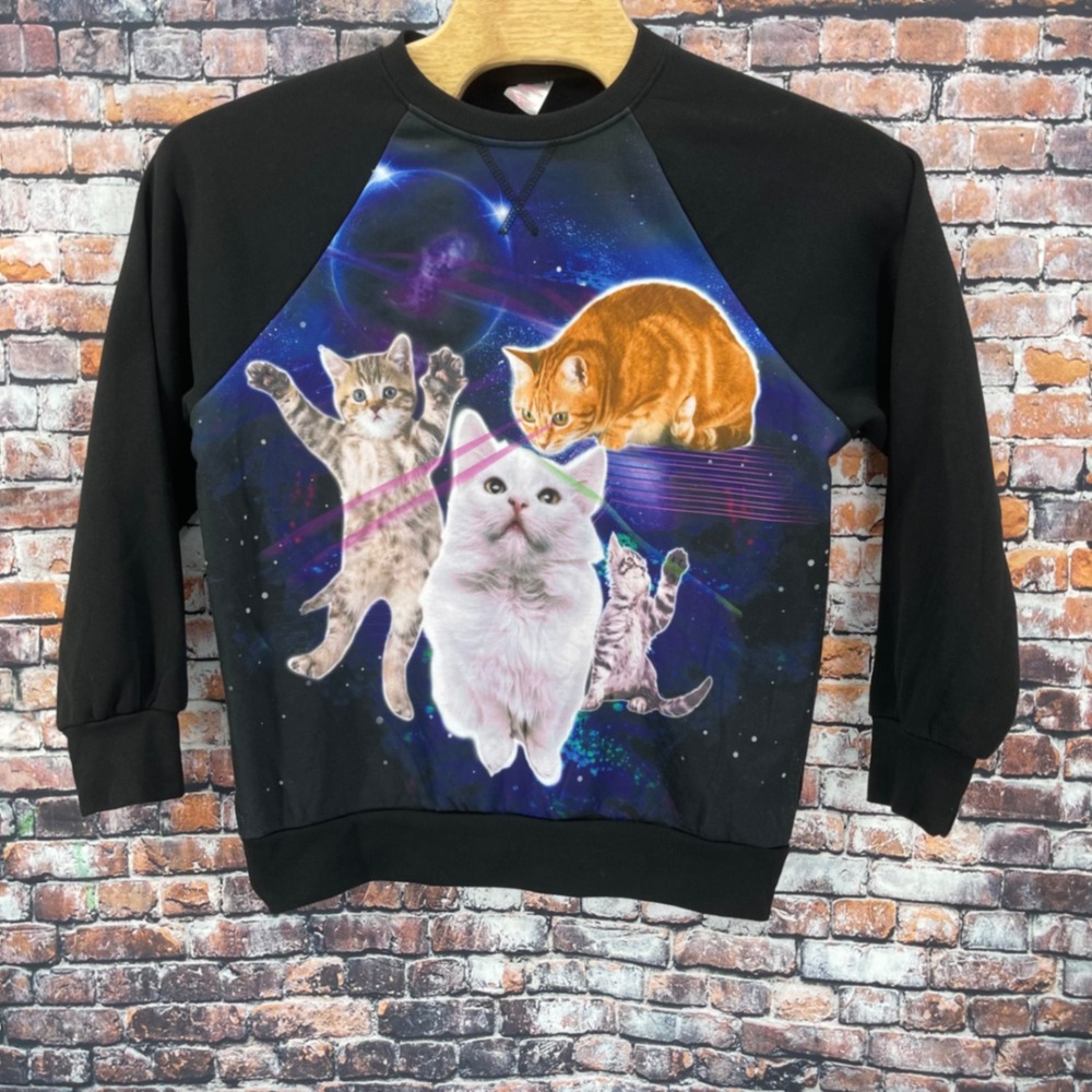 No Boundaries Galaxy Laser Cat Sweatshirt Juniors L 11-13 Black Space Pullover